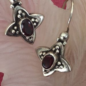 Silver Star Earrings with Red Gemstones